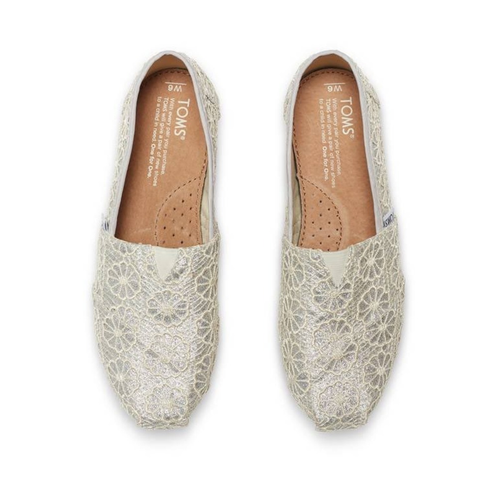 Toms Alpargata Slip On Women 8.5 Silver Excellent Floral Lace Metallic Crochet